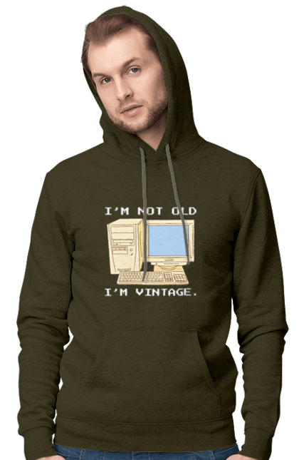 Чоловіче худі з принтом "Я не старий, я вінтажний Ретро комп'ютер". Ай ті, айті, айтішник, ботан, вінтаж, вінтажний, гік, клавіатура, код, кодер, комп, мова, піксель, програміст, програмування, ретро, хакер. 2070702