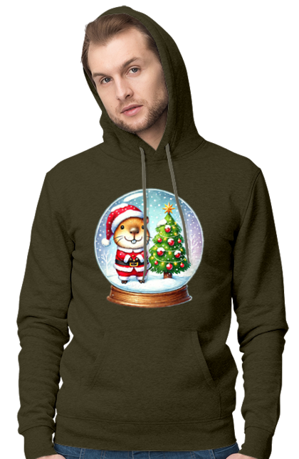 Men's hoodie with prints Christmas Capybara with a Tree. Animal, capybara, christmas, christmas capybara, christmas tree, gift, holiday, new year, new year`s gift, santa. 2070702