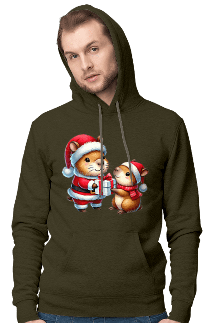 Men's hoodie with prints Christmas Capybara with a Gift. Animal, capybara, christmas, christmas capybara, gift, holiday, new year, new year`s gift, santa. 2070702