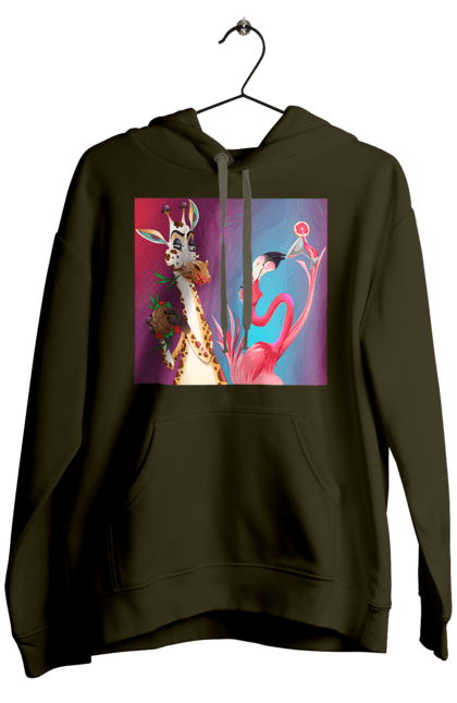 Men`s hoodie with prints Giraffe And Flamingo At The Party. Cocktail, flamingo, food, giraffe. 2070702