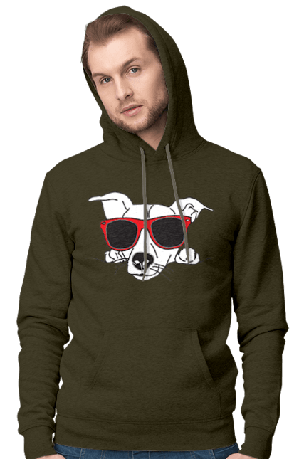 Men`s hoodie with prints The Dog Peeks Out. Dog, glasses, peep out. 2070702