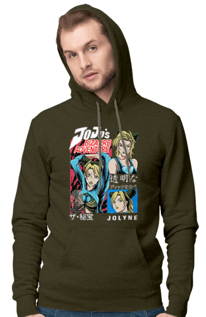 Men's hoodie with prints JOJO Jolyne Cujoh. Anime, jojo, jojo`s bizarre adventure, jojo’s bizarre adventure, jolyne cujoh, manga. 2070702