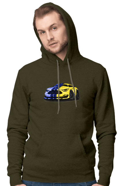 Men`s hoodie with prints Ukrainian mustang. Colors of ukraine, ford mustang, machine, mustang, shelby, supercar, yellow blue car. 2070702
