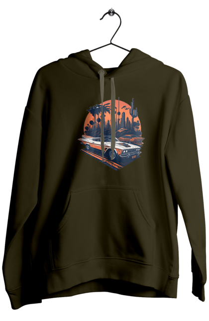 Men`s hoodie with prints Beautiful car at sunset. Auto, sun, sunset. 2070702