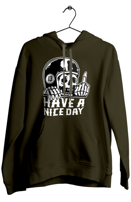 Men`s hoodie with prints Have a nice day. Fak, have a, nice day, scull, thirteen, with a skull. 2070702