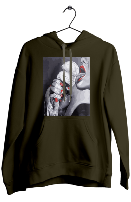 Чоловіче худі з принтом "Смак ескімо". Апетитне ескімо, вона лиже, дівчина та морозиво, лиже мовою, смак ескімо, смак морозива, тече по губах, тече по руках. 2070702