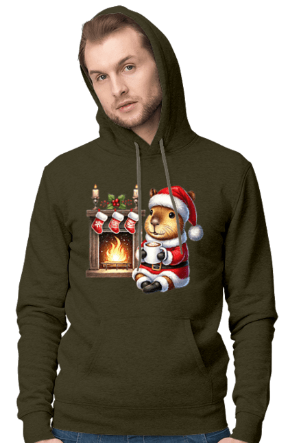 Men's hoodie with prints Capybara by the fireplace with hot chocolate. Animal, capybara, christmas, christmas capybara, fireplace, gift, holiday, hot chocolate, new year, santa. 2070702