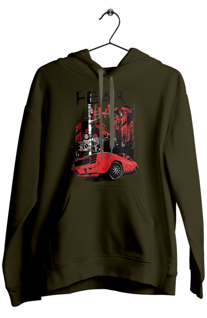 Men`s hoodie with prints Red Car In The City. Riding, town. 2070702