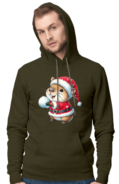 Men's hoodie with prints Capybara playing snowballs. Animal, capybara, christmas, christmas capybara, game, gift, holiday, new year, santa, snowballs. 2070702