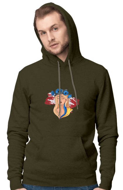 Men`s hoodie with prints Girl on the map of Ukraine. Blue, flag, flowers, girl, girl on the map, map of ukraine, red, ukraine, yellow. 2070702