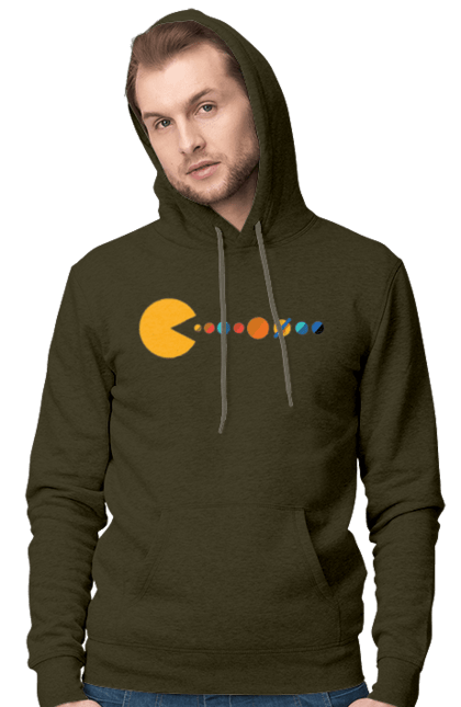 Men`s hoodie with prints Pac Man Planets. Arcade video game, atari, japanese video game, maze, namco, pac man, planets, solar system, space, video game. 2070702