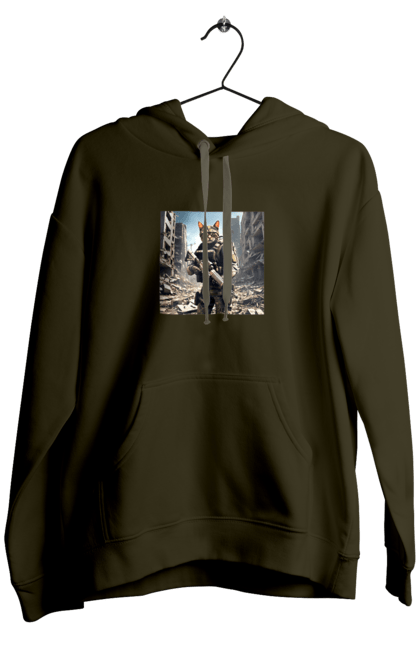 Чоловіче худі з принтом "Кіт десантник". Бронежилет, війна, військовий, гвинтівка, захисник, камуфляж, кіт, рушниця. 2070702