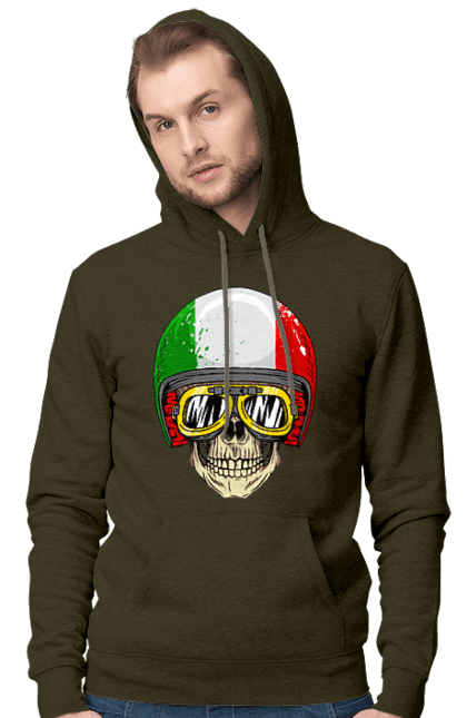 Чоловіче худі з принтом "Череп в мотошоломі". Мото, окуляри, череп, шолом. 2070702