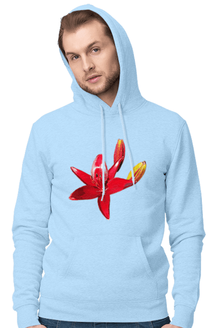 Men`s hoodie with prints Red lily. Bright, bud, buds, color, flower, lily, nature, red, red flower, red lily, sunny. 2070702