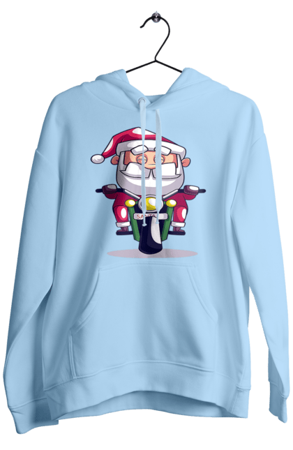 Чоловіче худі з принтом "Щасливий Санта на мотоциклі". 2022, дід мороз, зима, мотоцикл, новий рік, різдво, санта, сніг. 2070702