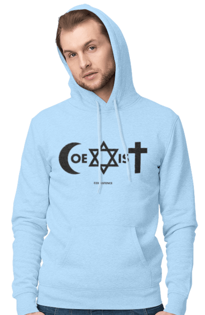 Чоловіче худі з принтом "Coexist". Coexist, іслам, іудаїзм, міжрелігійний діалог, релігія, рівність, символи віри, толерантність, християнство. 2070702