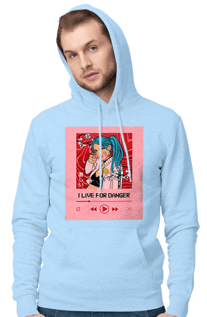Men`s hoodie with prints I Live For Danger. Anime, music, pistol, turntable. 2070702