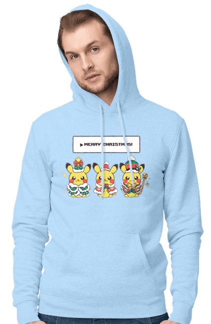 Men`s hoodie with prints Pikachu Merry Christmas. Anime, christmas, game, manga, merry christmas, nintendo, pikachu, pokemon. 2070702