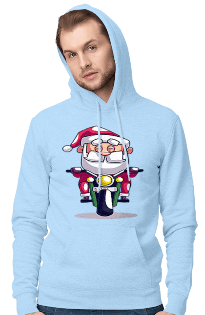 Чоловіче худі з принтом "Щасливий Санта на мотоциклі". 2022, дід мороз, зима, мотоцикл, новий рік, різдво, санта, сніг. 2070702