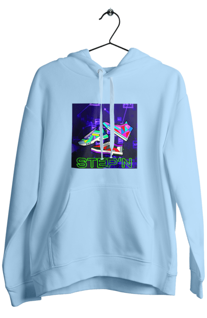 Чоловіче худі з принтом "Step`n". Віртуальні кросівки, крипта, криптовалюти, нфт, нфт кросівки, солана, степен. 2070702