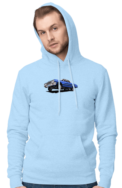 Чоловіче худі з принтом "Автомобіль". Автомобіль, імпала, класика, лоурайдер, синій, шевроле. 2070702