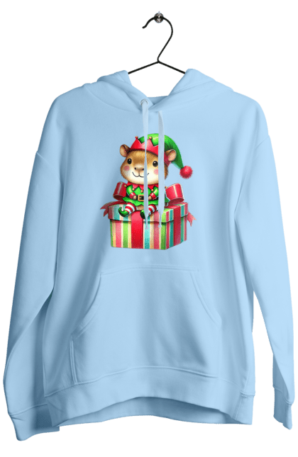 Men's hoodie with prints Christmas Capybara with a Gift. Animal, capybara, christmas, christmas capybara, christmas elves, gift, holiday, new year, new year`s gift, santa. 2070702