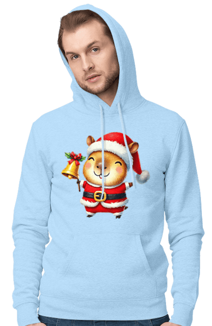 Men's hoodie with prints Funny capybara with a bell. Animal, bell, capybara, christmas, christmas capybara, gift, holiday, new year, new year`s gift, santa. 2070702