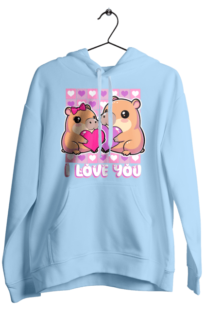 Чоловіче худі з принтом "Закохана капібара". I love you, валентинка, день святого валентина, капибара, кохання, милі тварини, пара капібар, романтика, романтичний подарунок, серця. 2070702