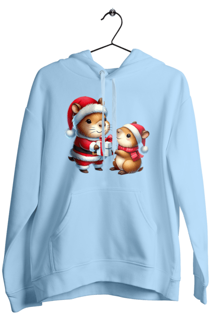 Men's hoodie with prints Christmas Capybara with a Gift. Animal, capybara, christmas, christmas capybara, gift, holiday, new year, new year`s gift, santa. 2070702