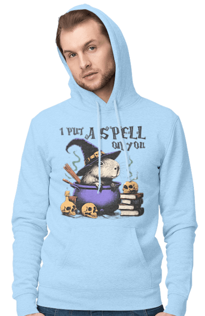 Men's hoodie with prints Capybara Halloween. Animal, capybara, ghost, halloween, holiday, moon, pumpkin, rodent, witch. 2070702