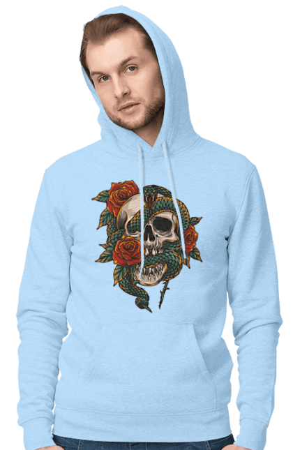 Men's hoodie with prints Skull with a snake. Bones, flowers, roses, scales, scull, snake, spikes, teeth. 2070702