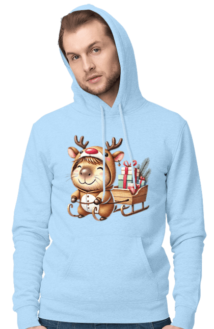 Men's hoodie with prints Christmas Capybara with a Gift. Animal, capybara, christmas, christmas capybara, gift, holiday, new year, new year`s gift, santa. 2070702