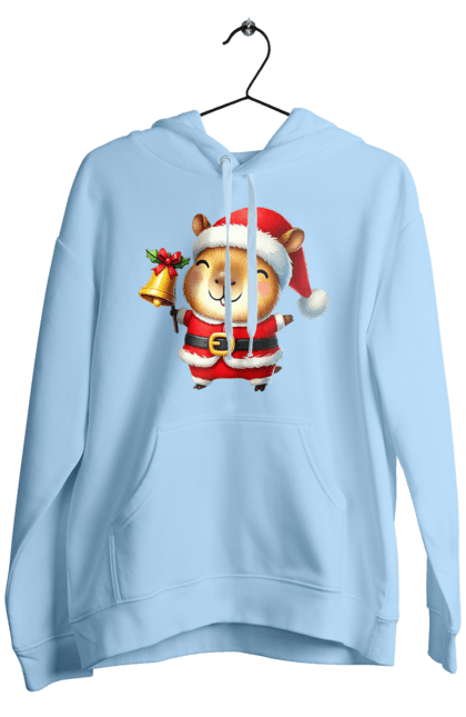 Men's hoodie with prints Funny capybara with a bell. Animal, bell, capybara, christmas, christmas capybara, gift, holiday, new year, new year`s gift, santa. 2070702