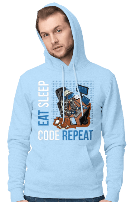Men`s hoodie with prints Eat Sleep Code Repeat. Code, code repeat, developer, eat sleep, it specialist, java, javascript, php, programmer, python. 2070702