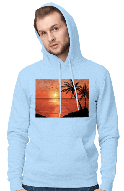Men`s hoodie with prints West Palm Sea. Palm trees, sea, shore. 2070702
