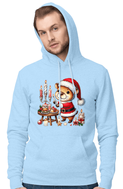 Men's hoodie with prints Capybara and Christmas Dinner. Animal, capybara, christmas, christmas capybara, christmas dinner, gift, holiday, new year, new year`s gift, santa. 2070702