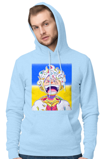 Men`s hoodie with prints Monkey D Luffy laughing on a yellow blue background. Flag of ukraine, luffy, monkey d luffy, one piece, symbol of ukraine, ukraine. 2070702