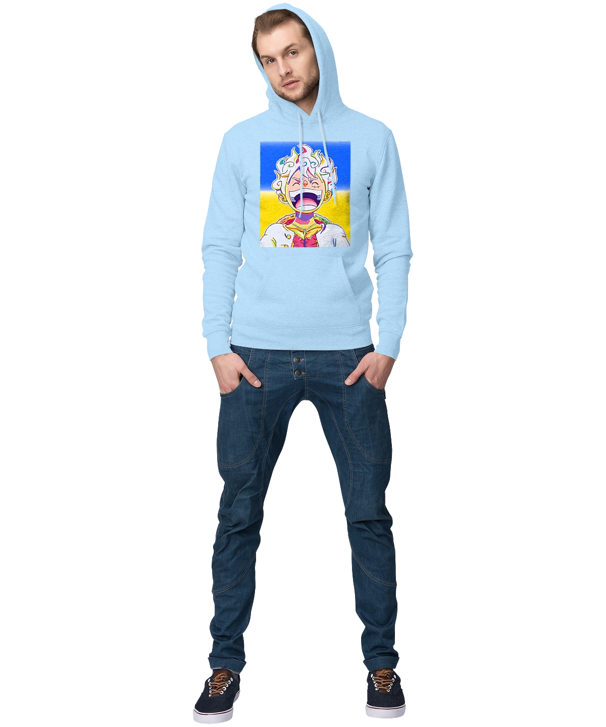 Монки д Луффи смеется на желтом синем фоне.