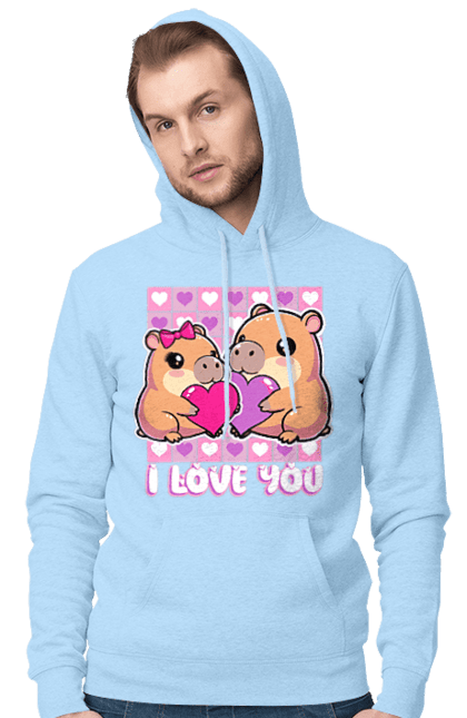 Чоловіче худі з принтом "Закохана капібара". I love you, валентинка, день святого валентина, капибара, кохання, милі тварини, пара капібар, романтика, романтичний подарунок, серця. 2070702