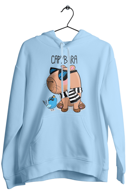 Men`s hoodie with prints Stylish Capybara. Animal, bird, capybara, fashionable capybara, glasses, mood, striped scarf, stylish capybara, sunglasses. 2070702