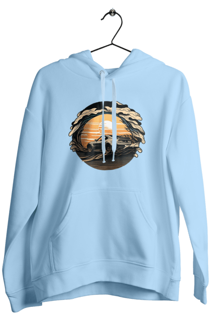 Men`s hoodie with prints Dodge at sunset. Car, cars, dodge. 2070702
