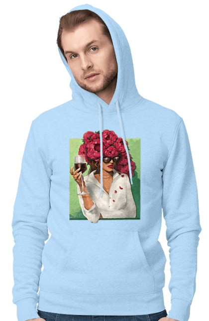 Чоловіче худі з принтом "Дівчина з півоніями та келихом". Вино, дівчина, квітка, келих, літо, окуляри, півонії, сорочка. 2070702