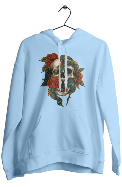 Men's hoodie with prints Skull with a snake. Bones, flowers, roses, scales, scull, snake, spikes, teeth. 2070702