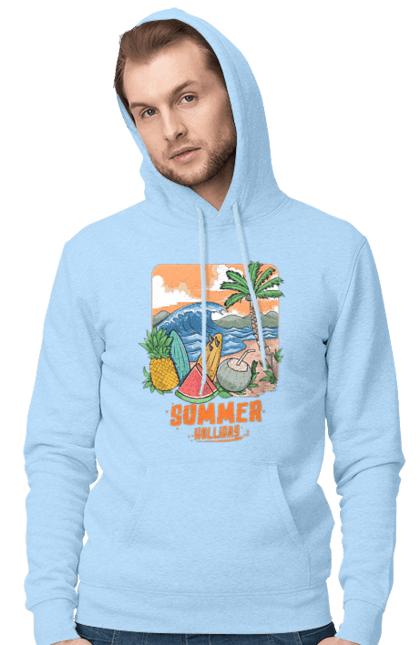 Men`s hoodie with prints Summer Holidays. Palm, sea, summer, waves. 2070702