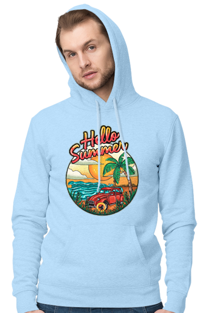 Чоловіче худі з принтом "Привіт Літо, Машина Біля Моря". Літо, машина, острів, пальма, пляж. 2070702