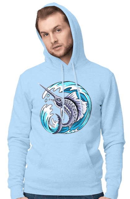 Men`s hoodie with prints Fish Sword And Wave. Swordfish, wave. 2070702