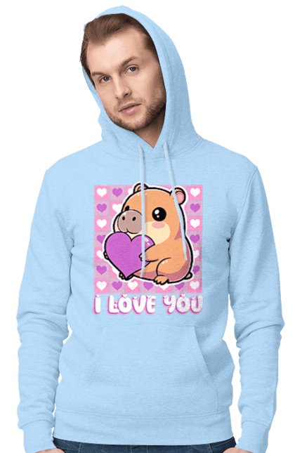 Men`s hoodie with prints Capybara in love. Capybara, cute animals, hearts, i love you, love, romance, romantic gift, valentine, valentine`s day. 2070702