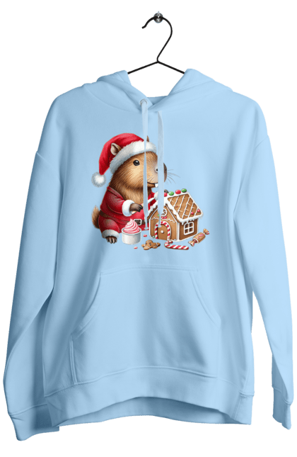 Men's hoodie with prints Capybara builds a gingerbread house. Animal, capybara, christmas, christmas capybara, gift, gingerbread, gingerbread house, holiday, new year, new year`s gift. 2070702