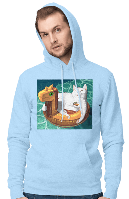 Чоловіче худі з принтом "Білий кіт у плавальному колі, на відпочинку". Басейн, відпочинок, кіт, коктейль, море, плавальний круг. 2070702