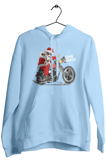 Чоловіче худі з принтом "Санта в окулярах на мотоциклі". Байкер, дід мороз, зима, мотоцикл, новий рік, різдво, санта, санта клаус, сніг, щасливого різдва. futbolka.stylus.ua